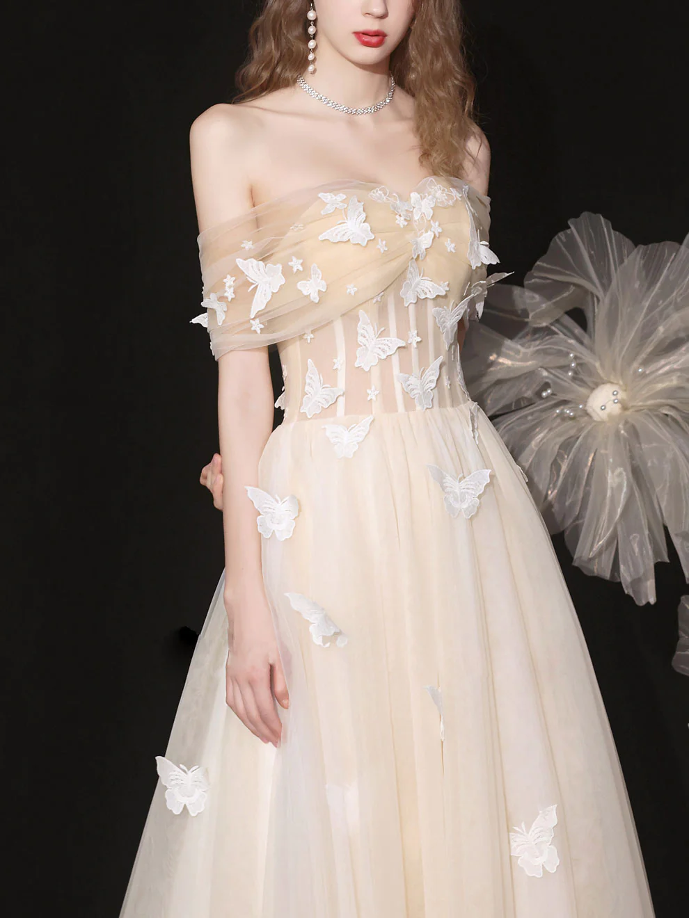 Champagne Tulle Lace Applique Long Prom Dress, Tulle Lace Evening Dress - Deanwangkt