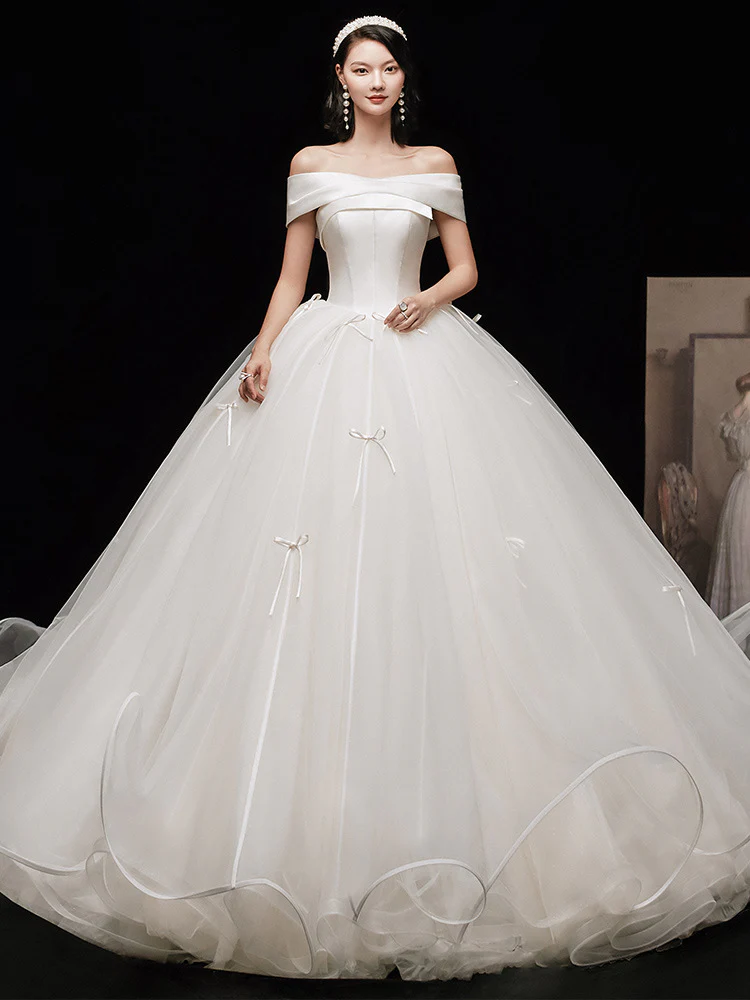 Ivory Off Shoulder Tulle Long Wedding Dress Ivory Bridal Gown - Deanwangkt