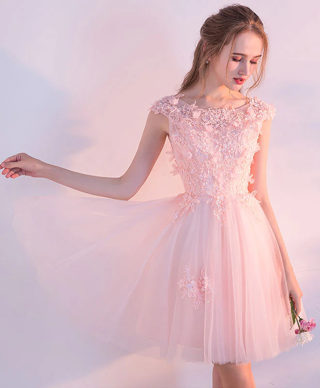 Pink Lace Tulle Short Prom Dress, Lace Pink Cute Homecoming Dresses - Deanwangkt
