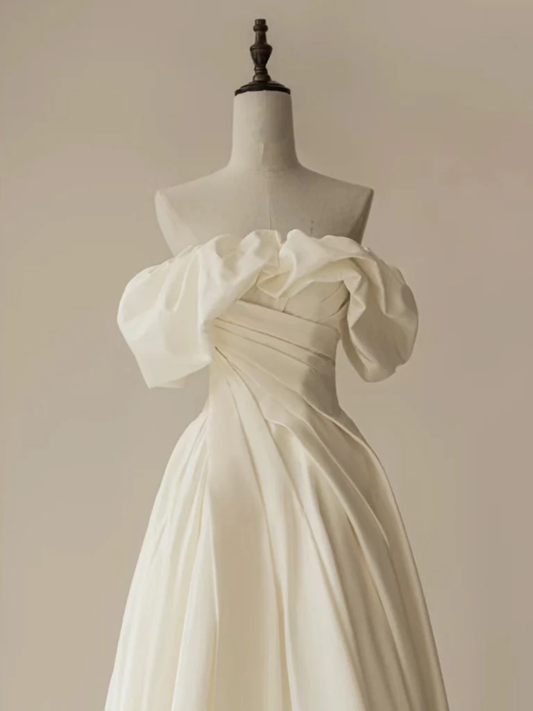 A-Line Off Shoulder Ivory Satin Long Prom Dress, ivory Long Formal Dress - Deanwangkt