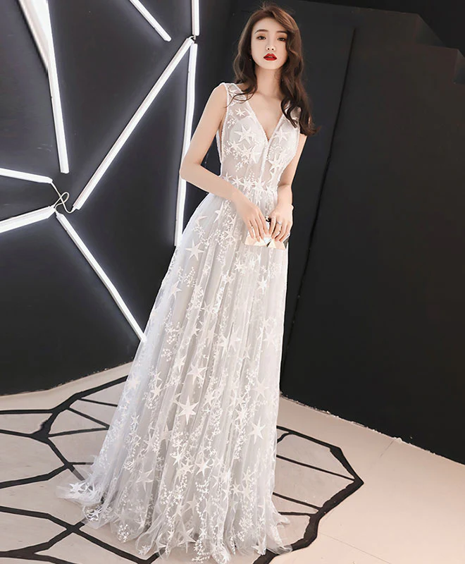 Gray Tulle Lace Long Prom Dress, Gray Lace Evening Dress - Deanwangkt