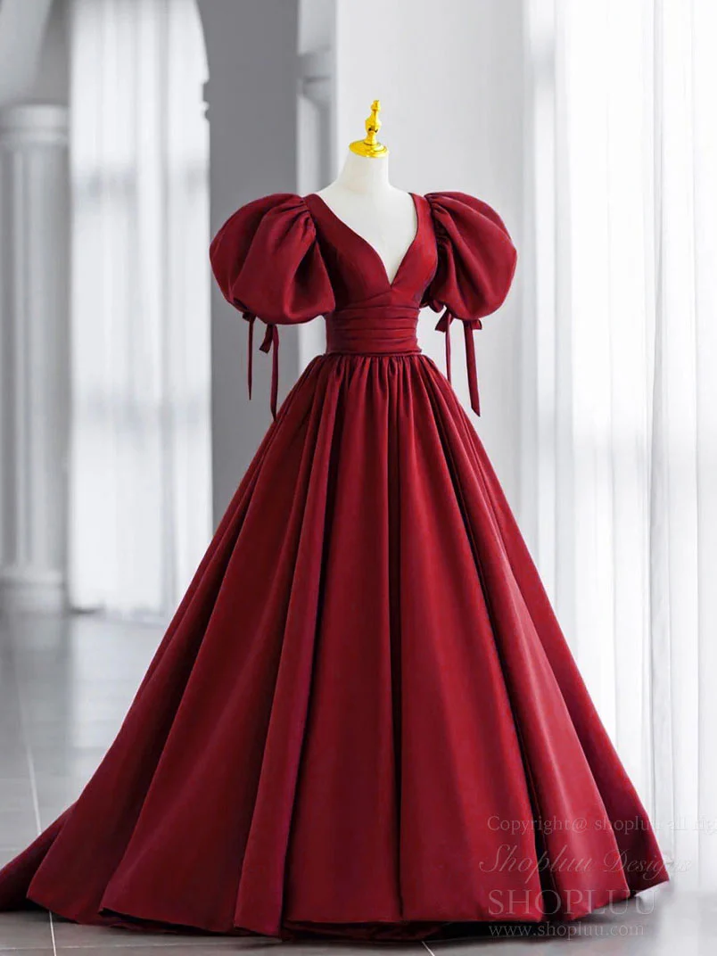 Simple V Neck Puffy Sleeves Satin Long Prom Dress, Satin Evening Dress - Deanwangkt
