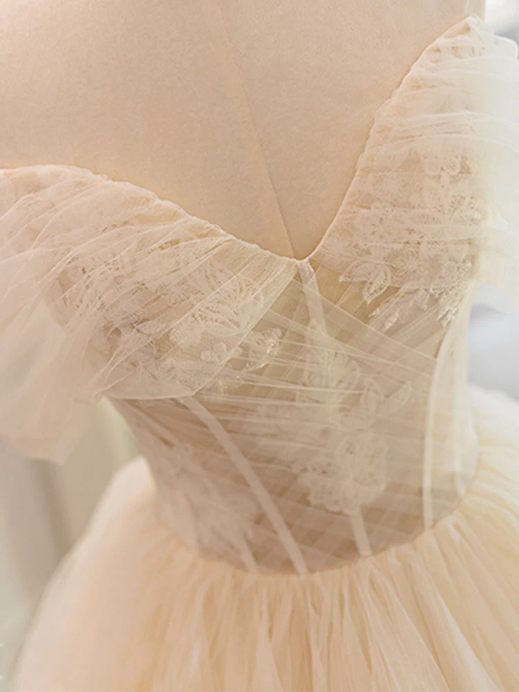 Champagne Tulle Lace Long Wedding Dress, Lace Tulle Wedding Gown - Deanwangkt