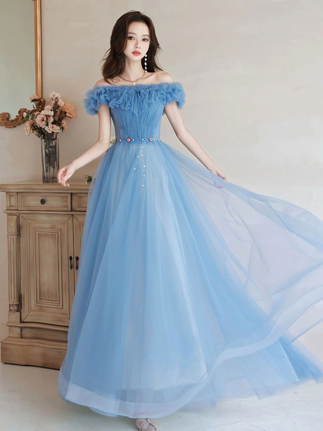 A-Line Off Shoulder Tulle Blue Long Prom Dress, Blue Formal Dresses - Deanwangkt