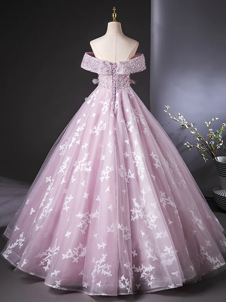 A-Line Off Shoulder Tulle Lace Pink Long Prom Dress, Pink Long Formal Dress - Deanwangkt