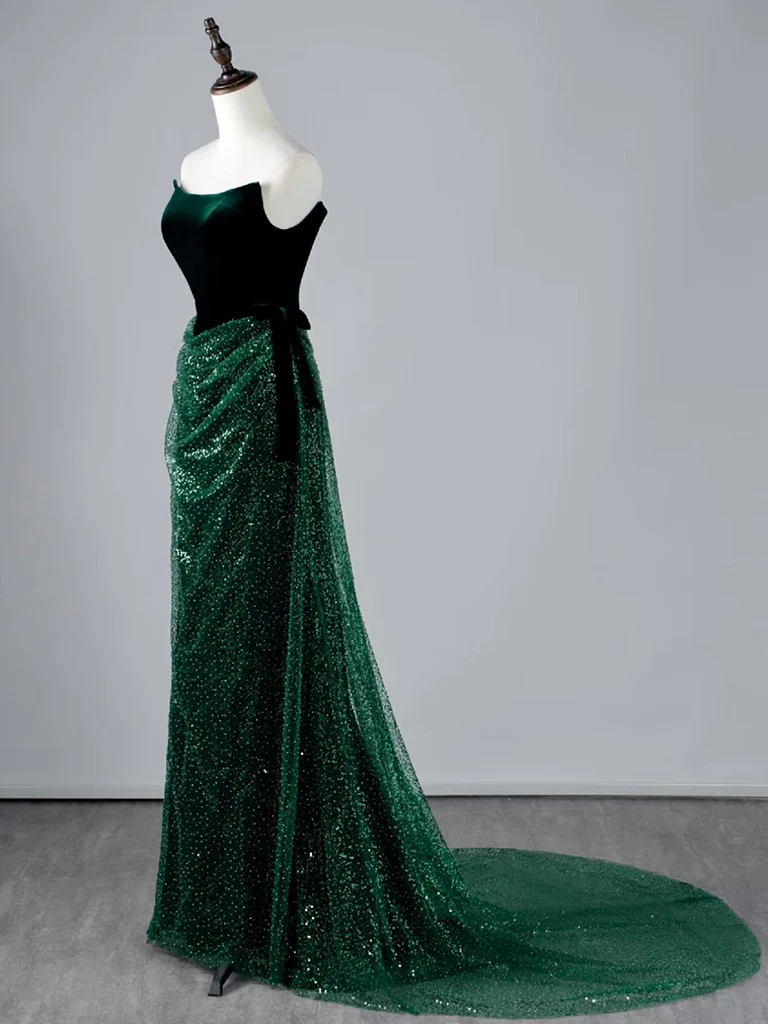 Mermaid Tulle Velvet Green Long Prom Dress, Green Long Formal Dress - Deanwangkt