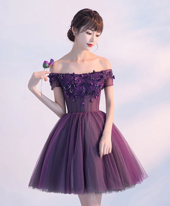 Cute A Line Purple Off Shoulder Short Prom Dress,Homecoming Dress - Deanwangkt