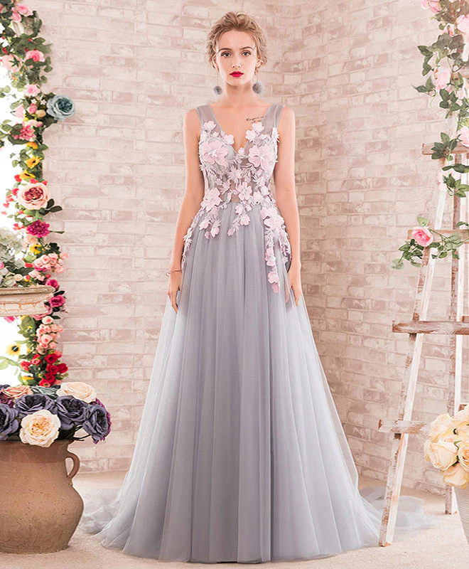 Gray A-Line V Neck Tulle Lace Applique Long Prom Dress, Gray Evening Dress - Deanwangkt