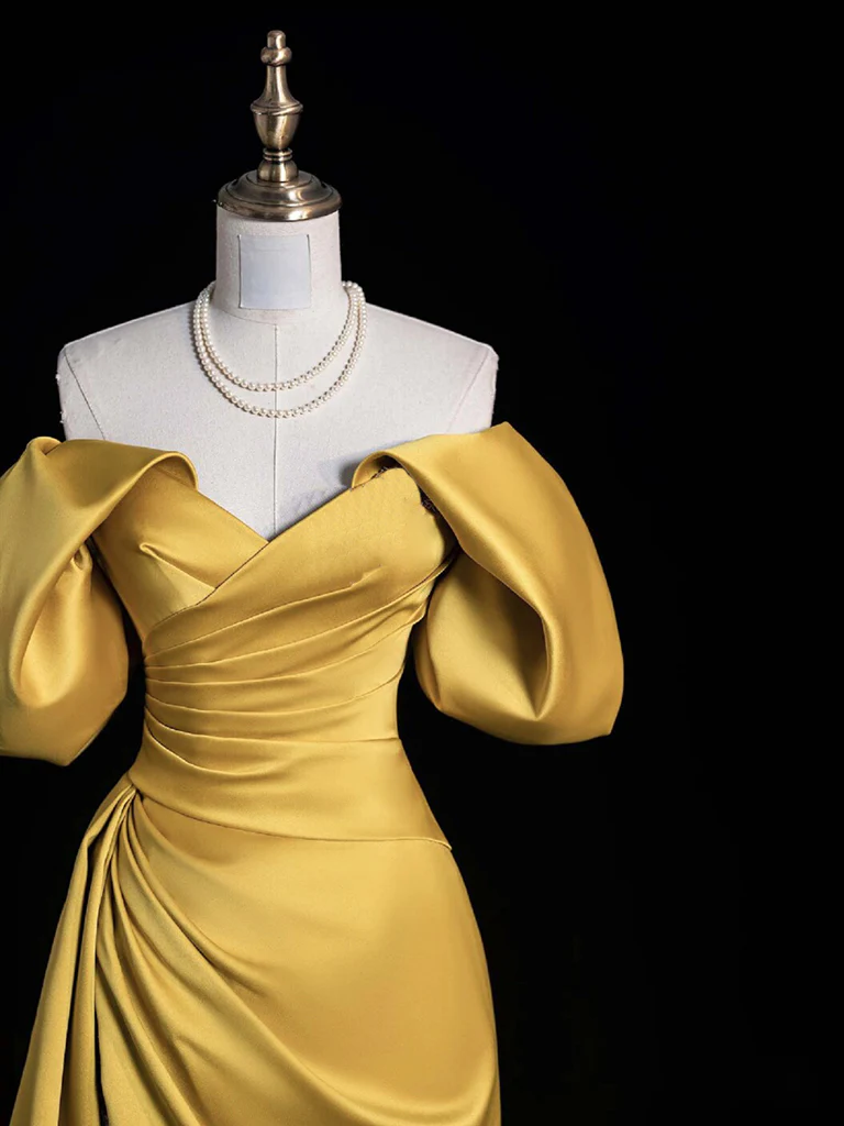 A-Line Off Shoulder Satin Gold Long Prom Dress, Gold Long Evening Dress - Deanwangkt