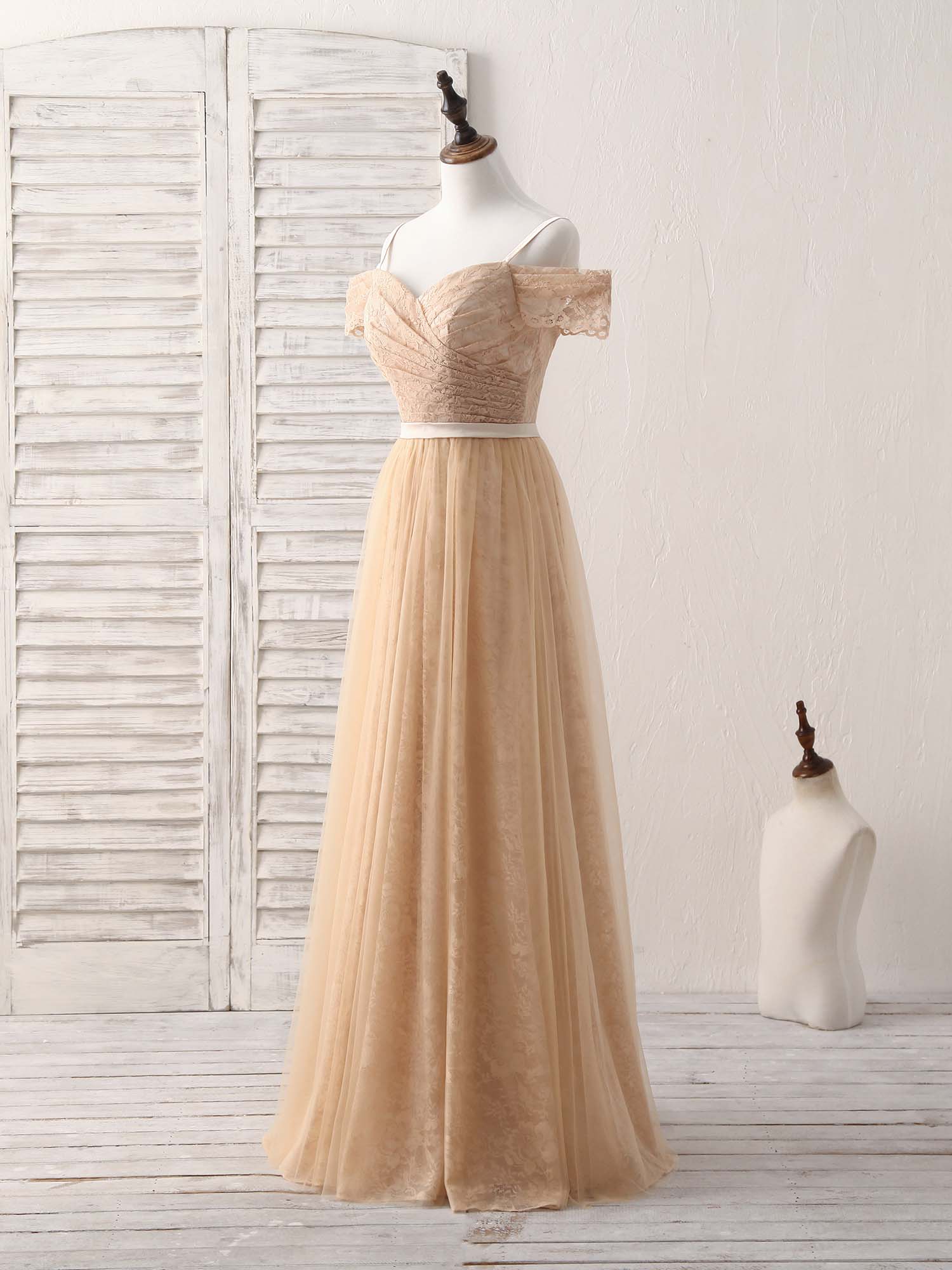 Champagne Tulle Long Bridesmaid Dress, Champagne Prom Dresses - Deanwangkt