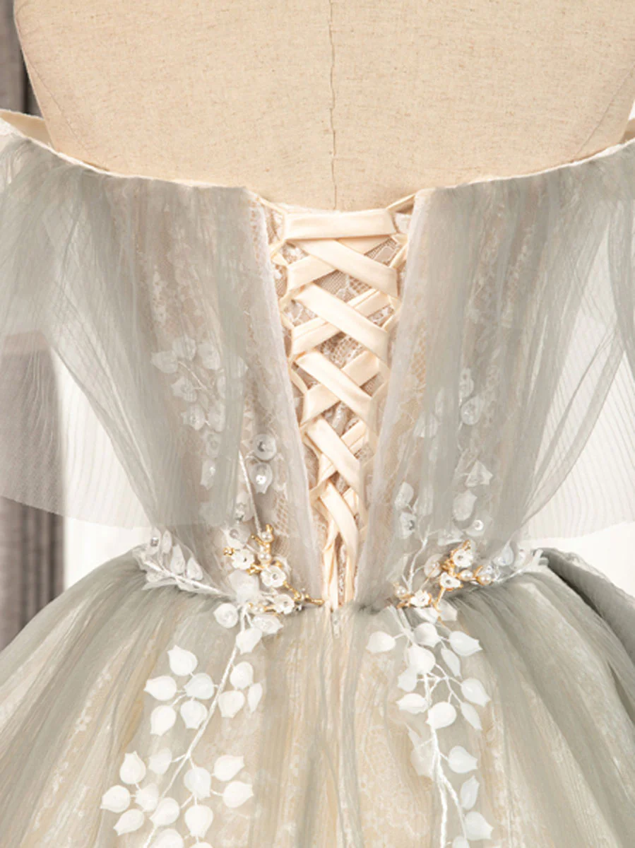 Cute Gray Tulle Lace Short Prom Dress, Gray Tulle Puffy Homecoming Dress - Deanwangkt