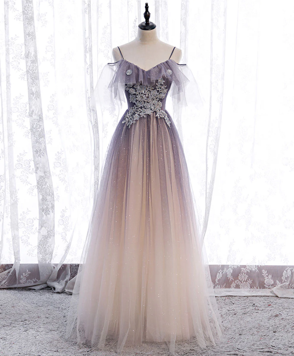 Light Purple Tulle Sequin Long Prom Dress, Purple Formal Party Dress - Deanwangkt
