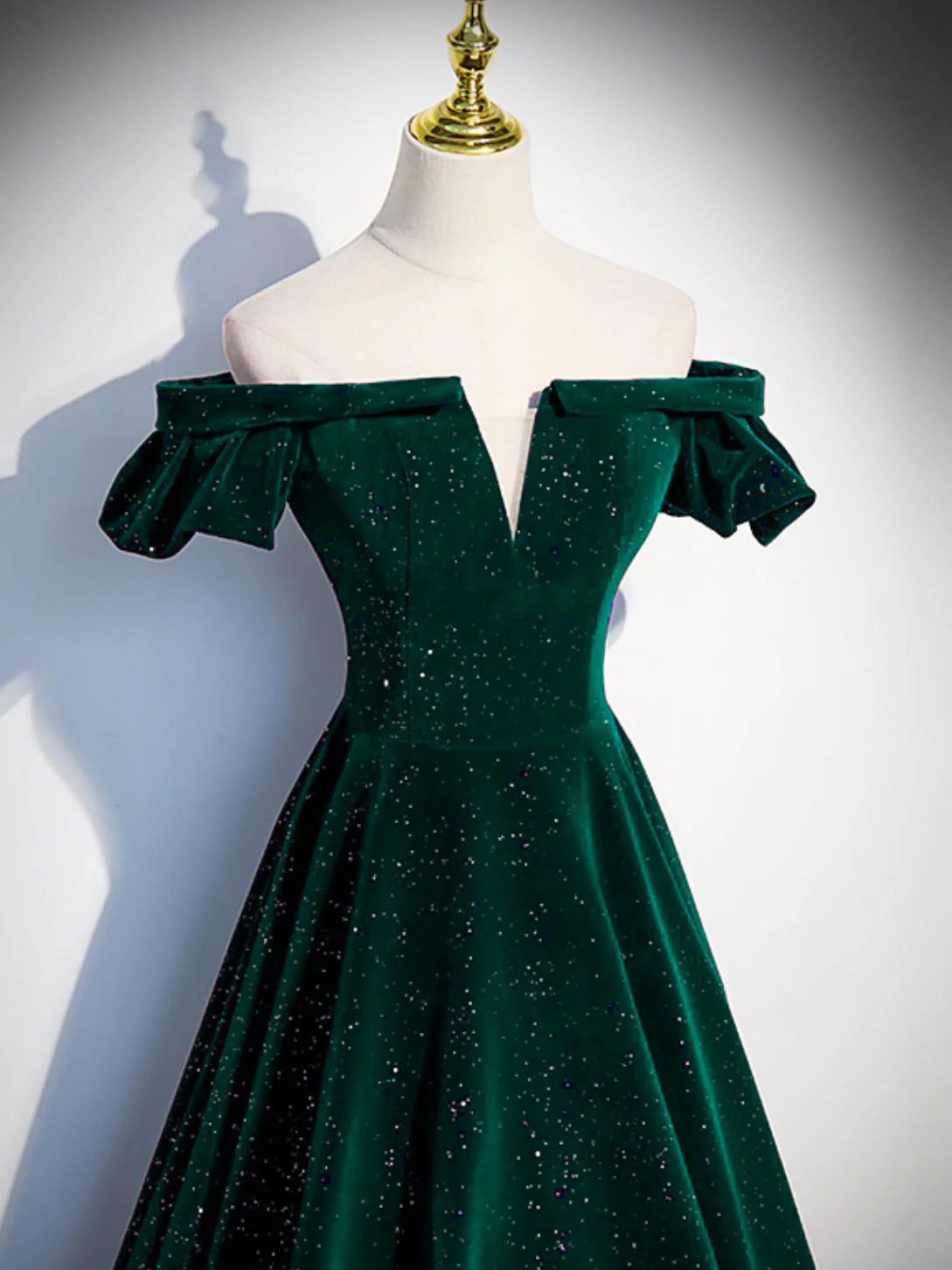 A-Line Off Shoulder Velvet Long Prom Dresses, Green Velvet Graduation Dress - Deanwangkt