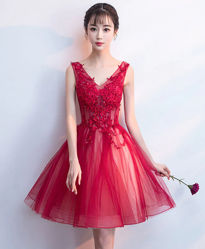 Burgundy V Neck Tulle Lace Short Prom Dress, Burgundy Homecoming Dress - Deanwangkt