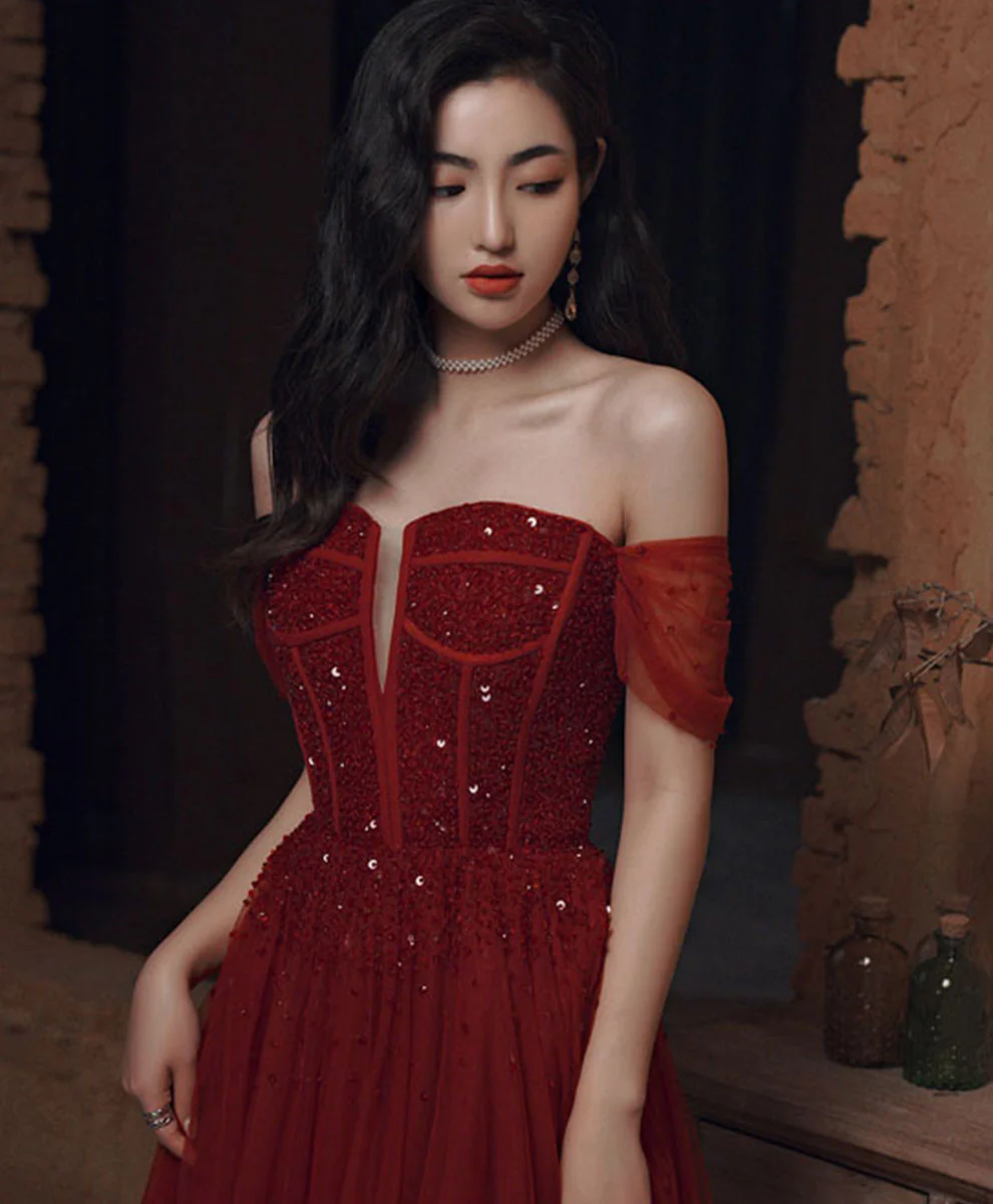 Burgundy Sweetheart Tulle Sequin Long Prom Dress Burgundy Formal Dress - Deanwangkt