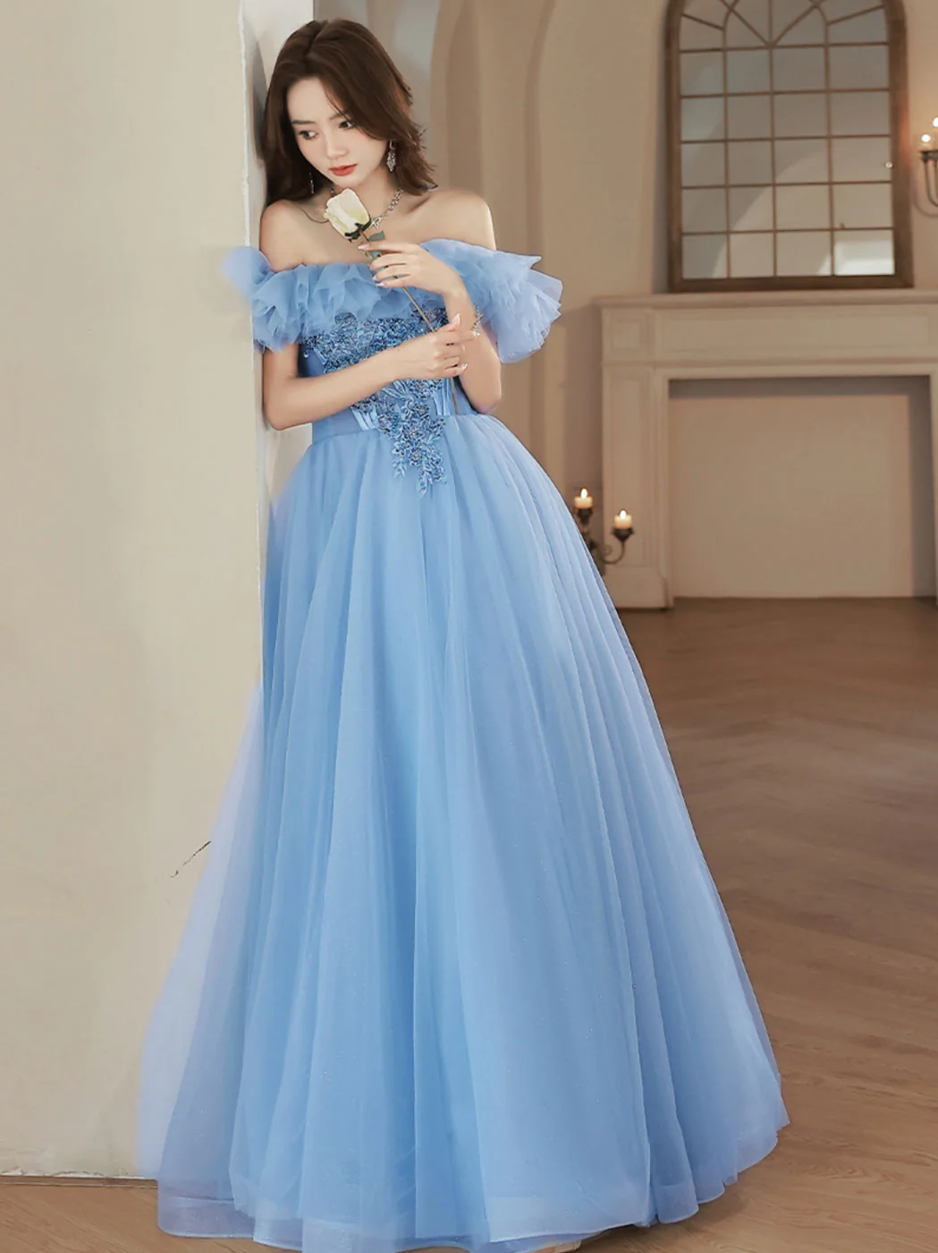 A-Line Tulle Lace Blue Long Prom Dress, Blue Formal Dresses - Deanwangkt