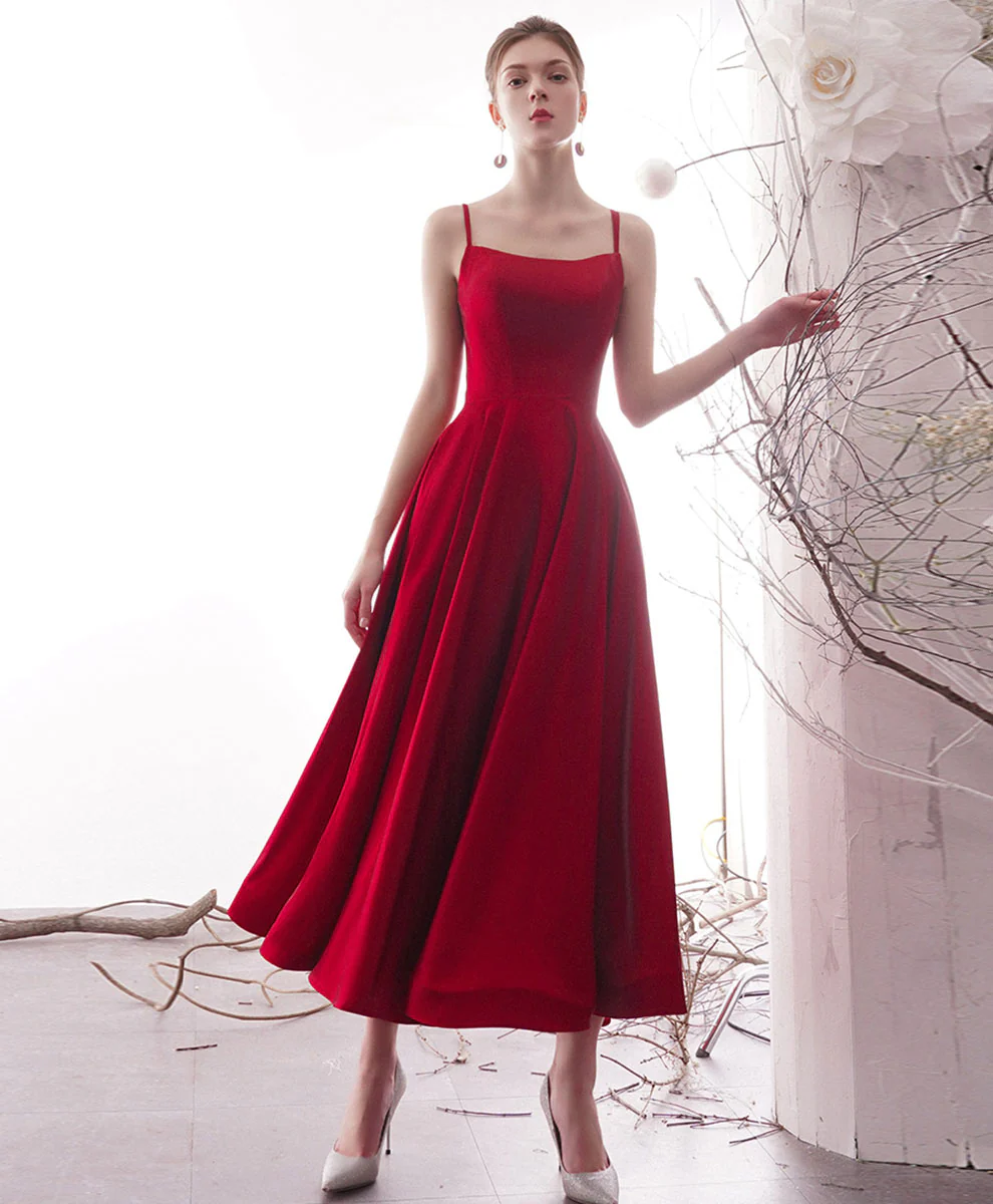 Simple Red Satin Tea Length Prom Dress, Red Homecoming Dresses - Deanwangkt