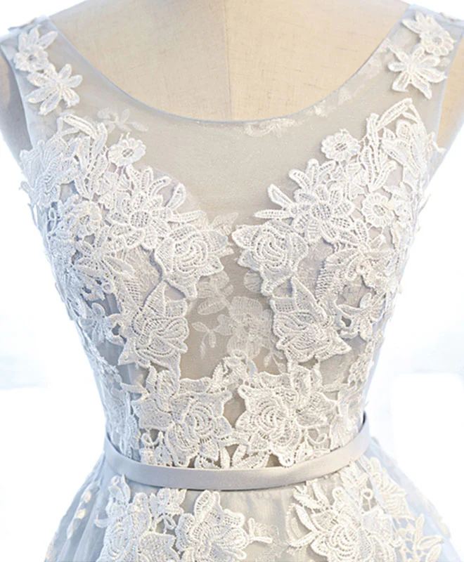Gray Round Neck Tulle Lace Applique Long Prom Dress - Deanwangkt