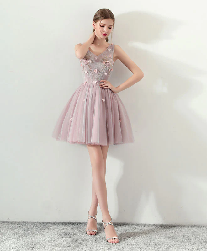 Cute V Neck Tulle Short Prom Dress, Pink Homecoming Dress - Deanwangkt