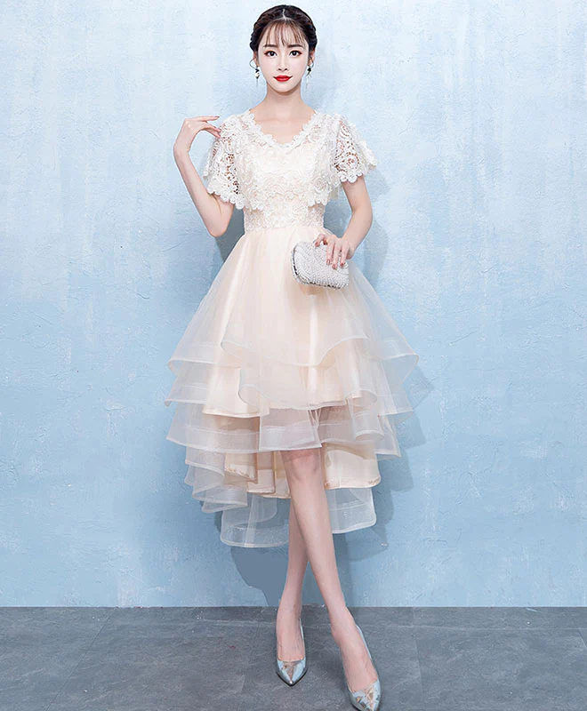 Champagne Tulle Lace Short Prom Dress, Homecoming Dress - Deanwangkt