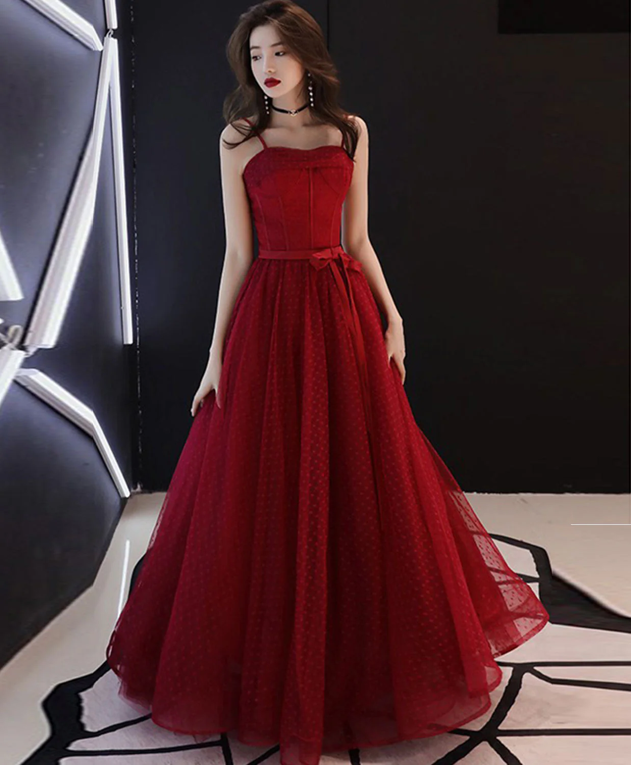 Burgundy Tulle Lace Long Prom Dress, Burgundy Evening Dress - Deanwangkt