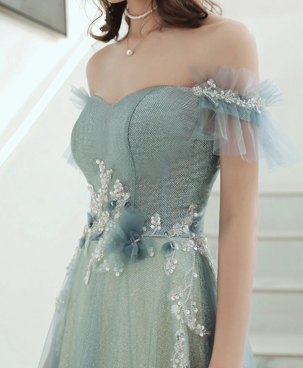 Green Aline Tulle Long Prom Dress, Green Formal Graduation Dress with Applique - Deanwangkt