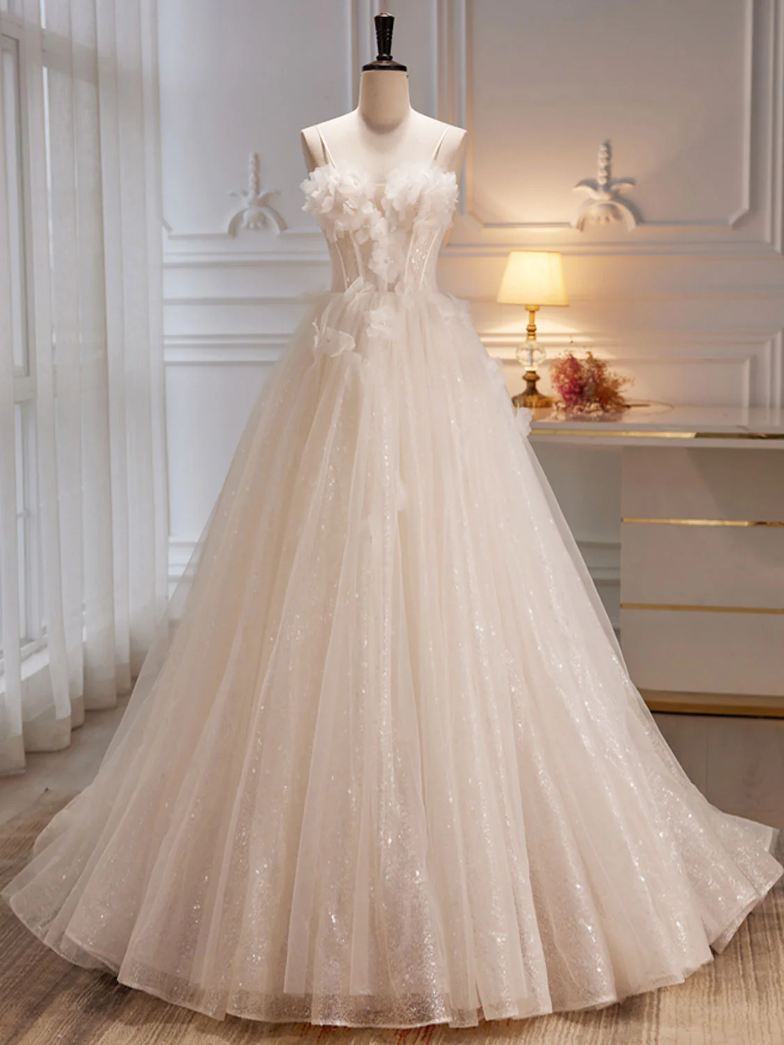A-Line Tulle Flower Light Champagne Long Prom Dresses, Shiny Formal Dresses - Deanwangkt
