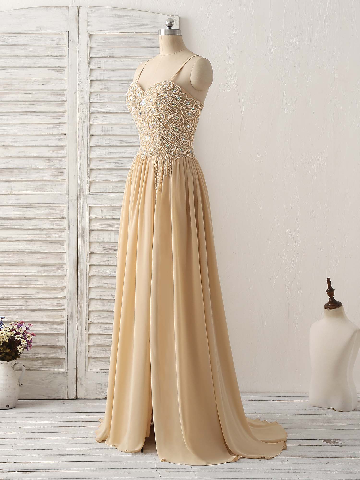 Champagne Sweetheart Neck Beads Long Prom Dress Evening Dress - Deanwangkt