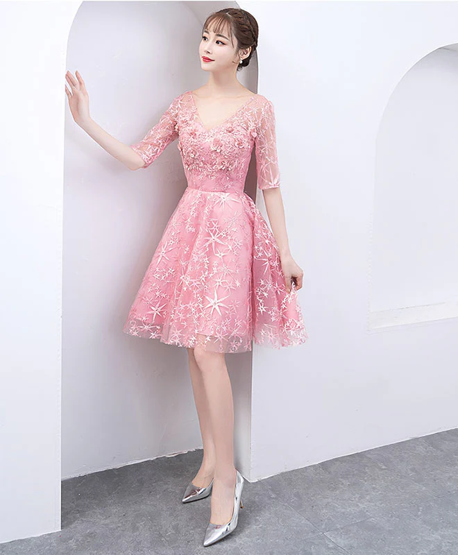 Pink Tulle Lace Short Prom Dress, Pink Tulle Homecoming Dress - Deanwangkt