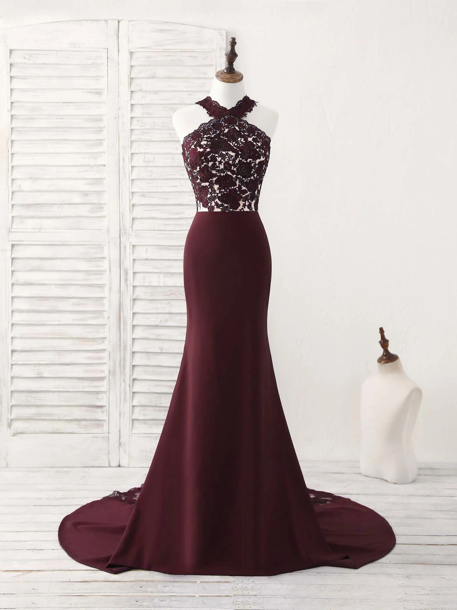 Burgundy Lace Mermaid Long Prom Dress Burgundy Bridesmaid Dress - Deanwangkt