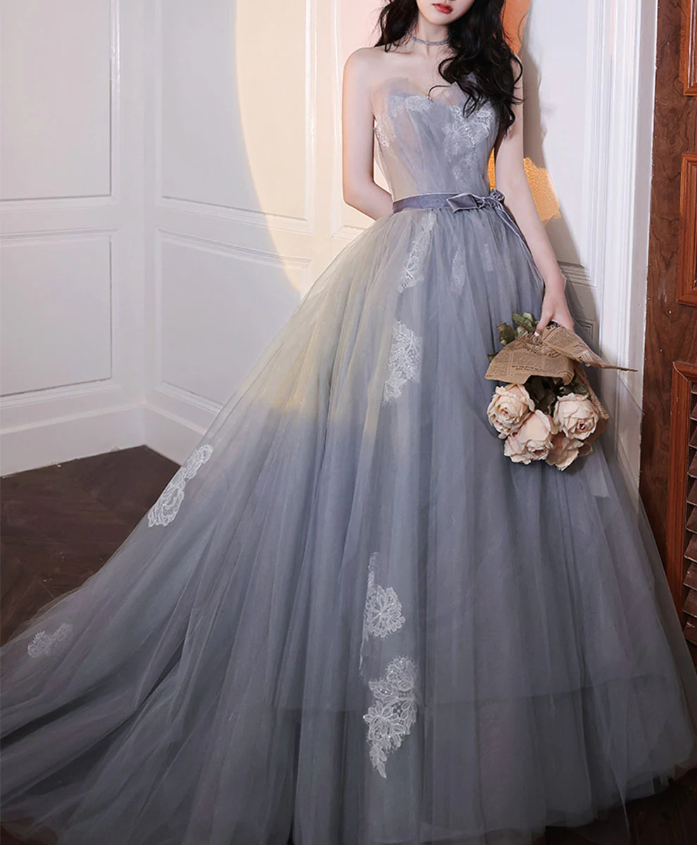 Gray Tulle Lace Long Prom Dress Gray Tulle Formal Dress - Deanwangkt