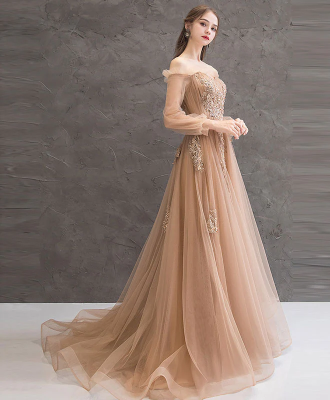 Champagne Tulle Lace Long Prom Dress Champagne Tulle Evening Dress - Deanwangkt