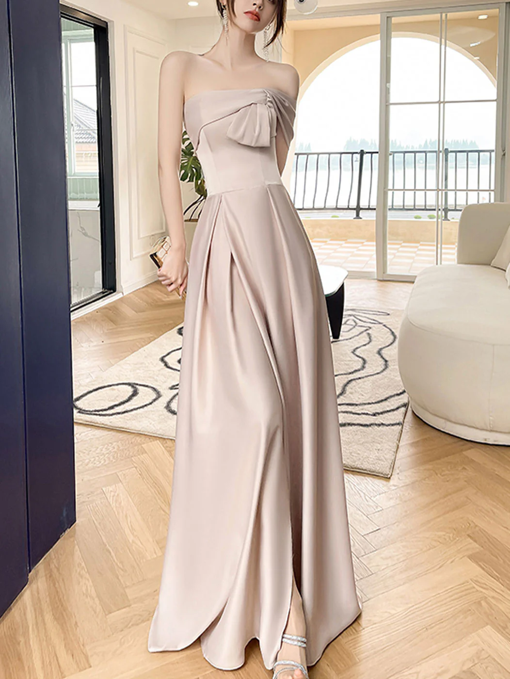 Simple Champagne A line Long Prom Dress, Champagne Bridesmaid Dresses - Deanwangkt
