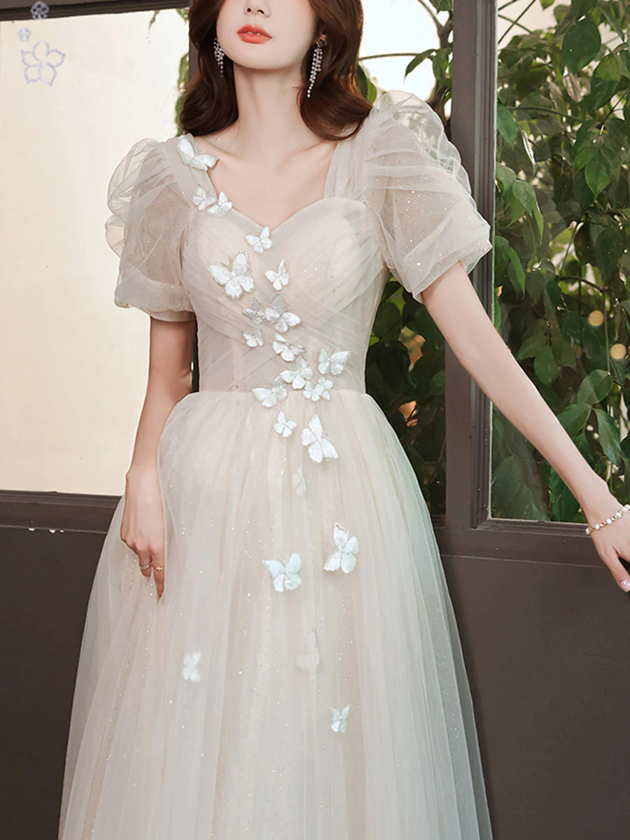 Light Champagne Tulle Lace Long Prom Dress, Champagne Evening Dress - Deanwangkt