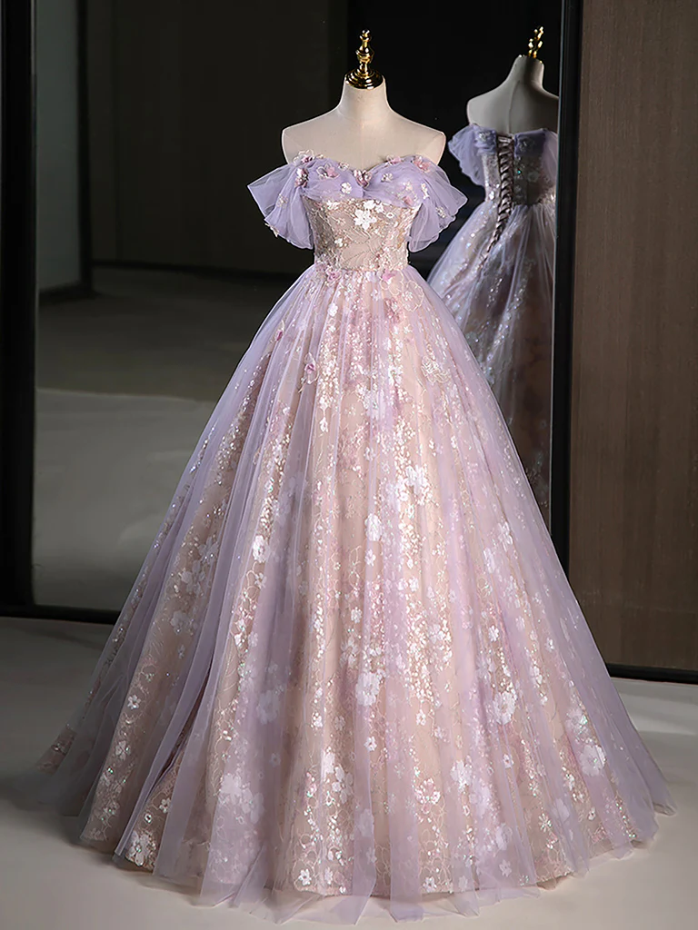 A-Line Off Shoulder Tulle Lace Purple Long Prom Dress, Purple Formal Dress - Deanwangkt