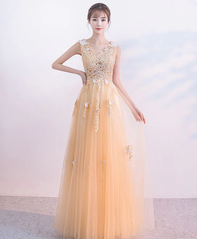 Champagne Tulle Lace Long Prom Dress. Champagne Tulle Evening Dress - Deanwangkt
