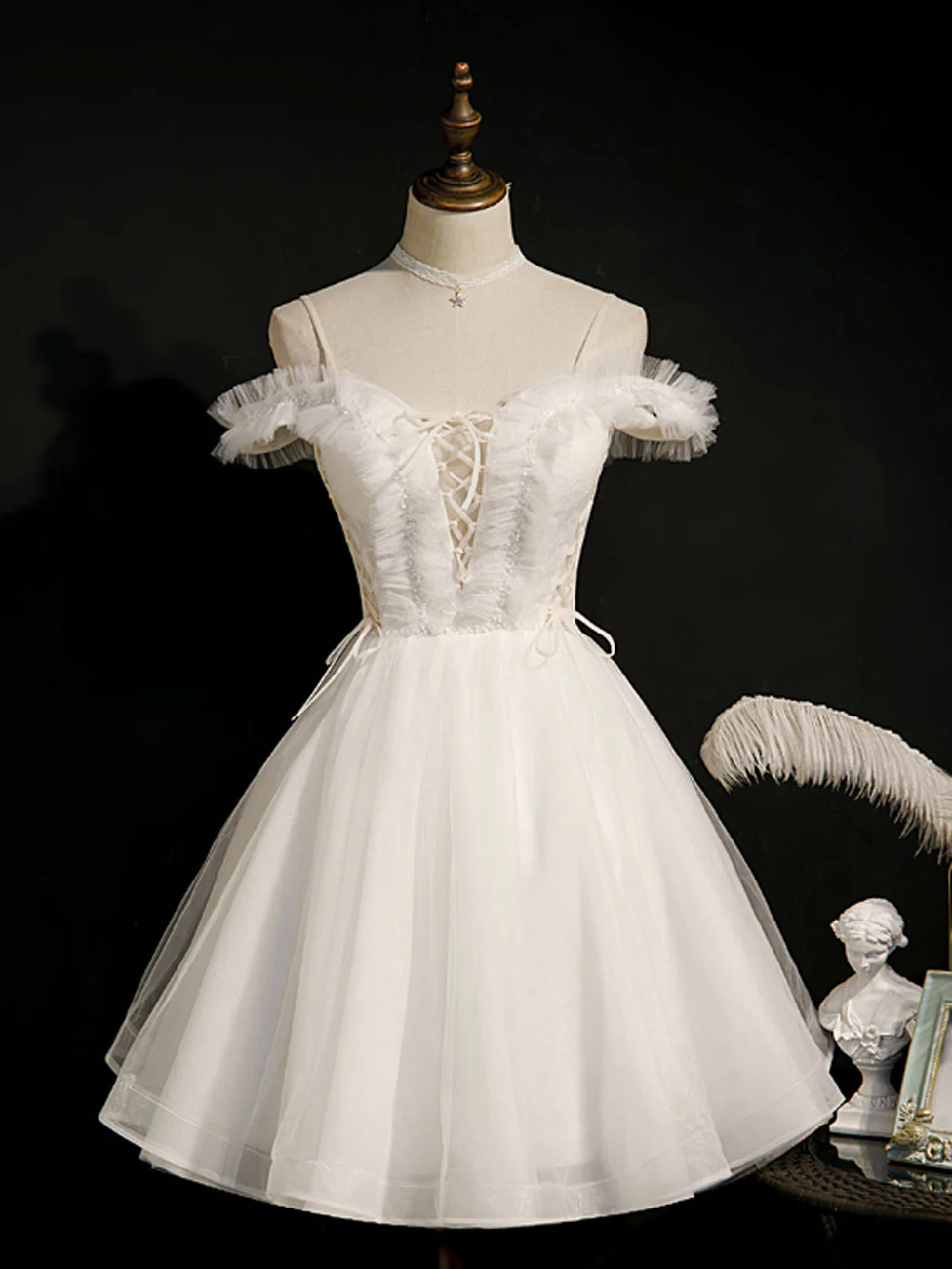 White Short Prom Dresses, Off Shoulder White Puffy Homecoming Dresses - Deanwangkt