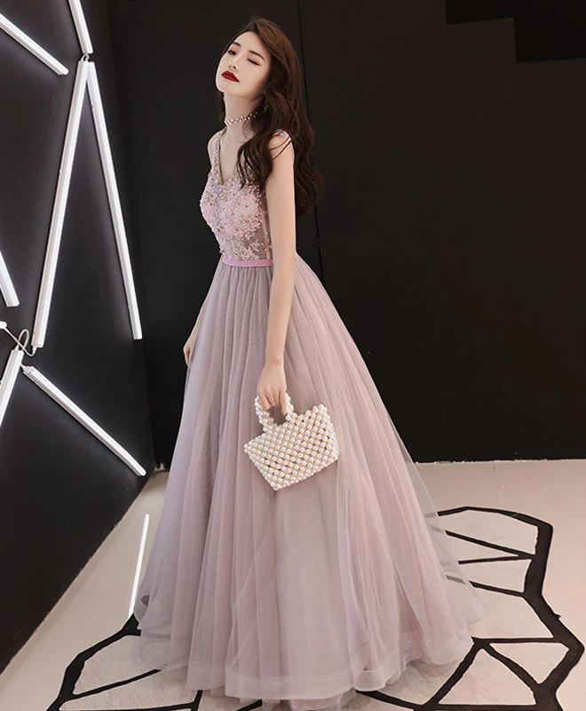 Dusty Pink V Neck Sequins Long Prom Dress, Evening Dress - Deanwangkt