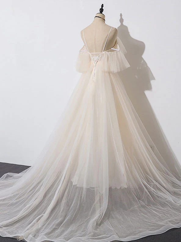 Champagne V Neck Tulle Long Prom Dress, Champagne Evening Dress - Deanwangkt