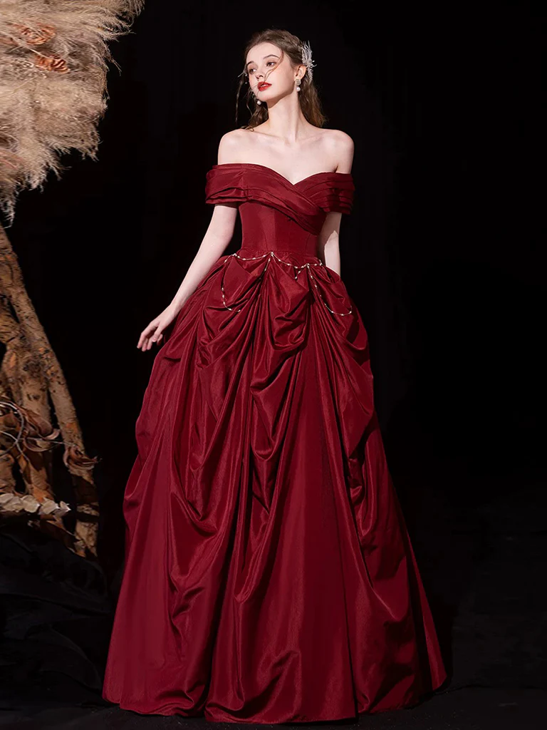 A-Line Off Shoulder Satin Burgundy Long Prom Dress, Burgundy Long Evening Dress - Deanwangkt