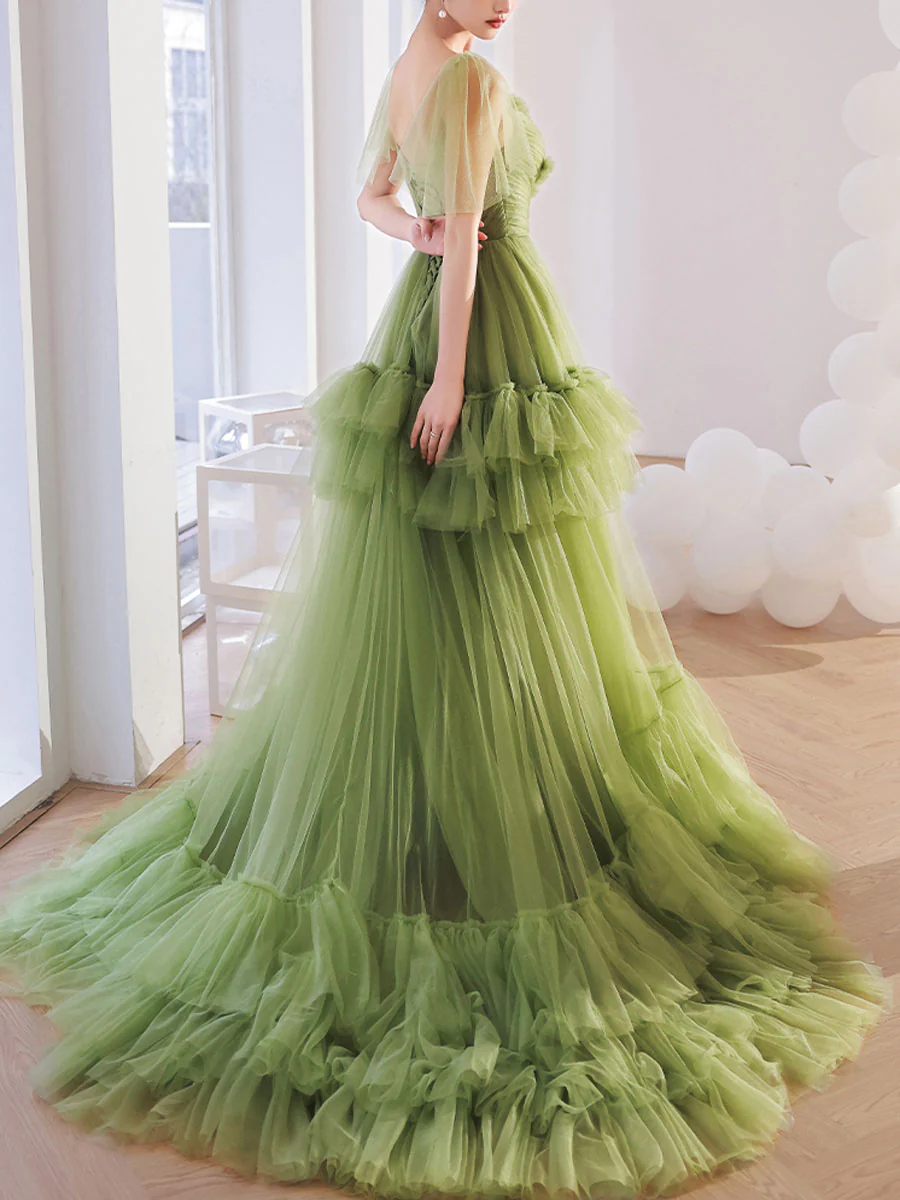 Green V Neck Tulle Long Prom Dress, Green Tulle Formal Dresses - Deanwangkt