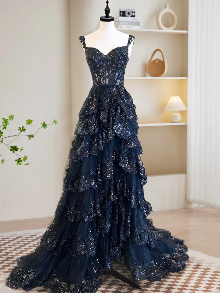 A-Line Tulle Sequin Black Long Prom Dress, Black Sequin Long Formal Dress - Deanwangkt