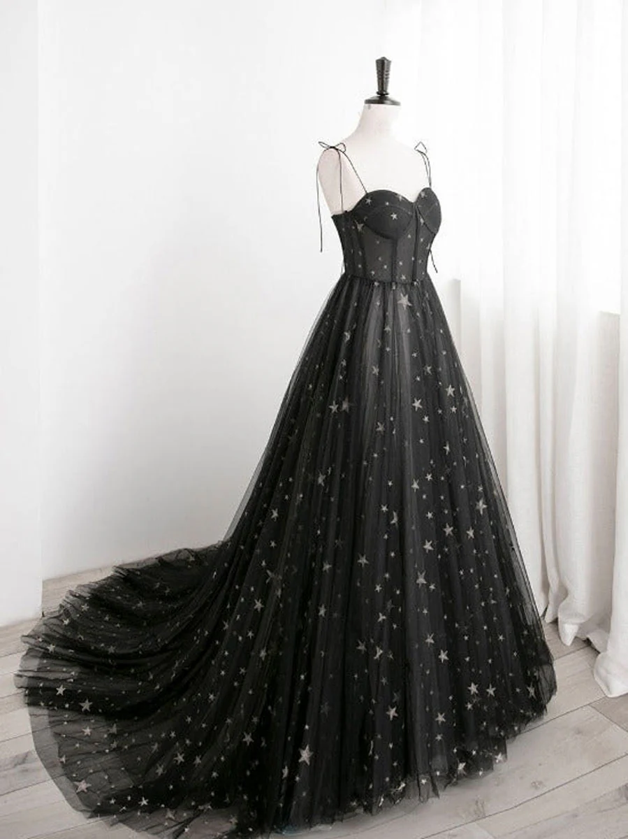 Black A line Sweetheart Neck Tulle Long Prom Dresses, Black Formal Graduation Dresses - Deanwangkt