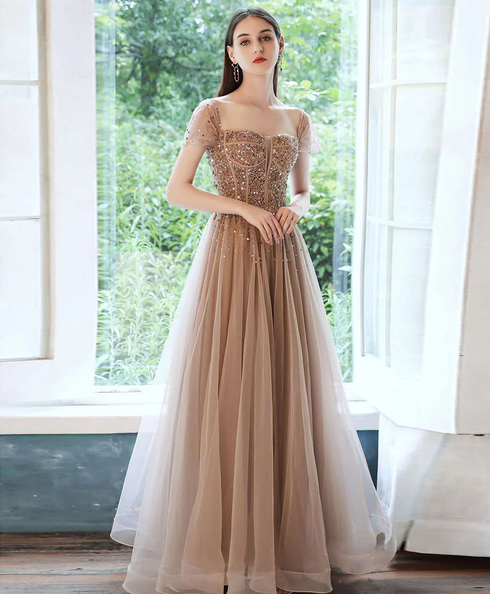Champagne Tulle Sequin Beads Long Prom Dress Tulle Formal Dress - Deanwangkt