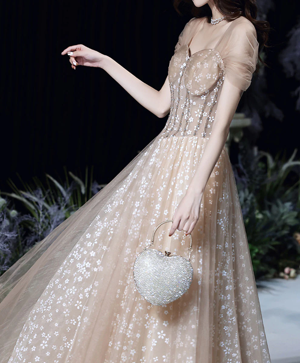 Champagne Tulle Long Prom Dress, Champagne Formal Party Dress with Beading - Deanwangkt