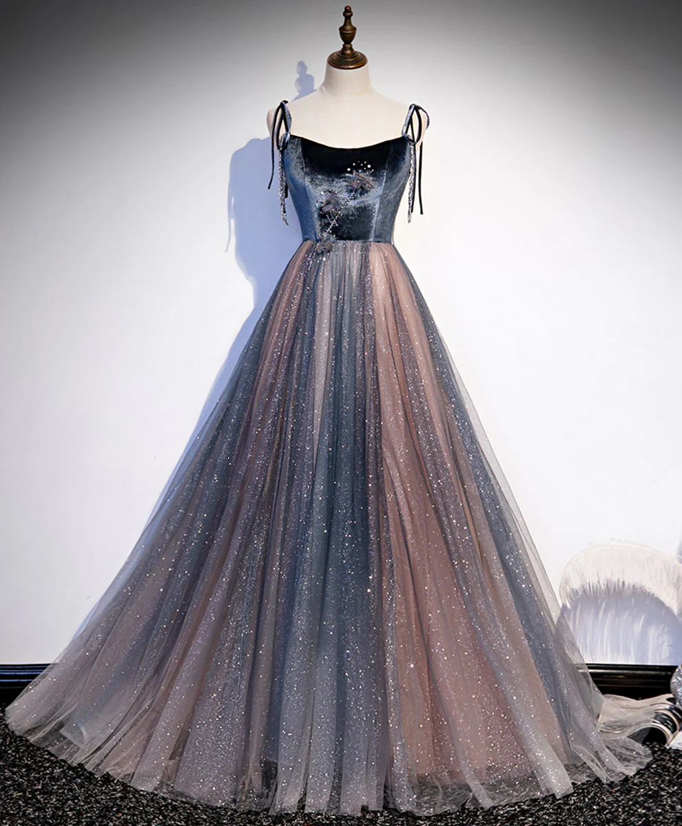 Blue Tulle Sequin Long Prom Dress Blue Tulle Formal Dress - Deanwangkt