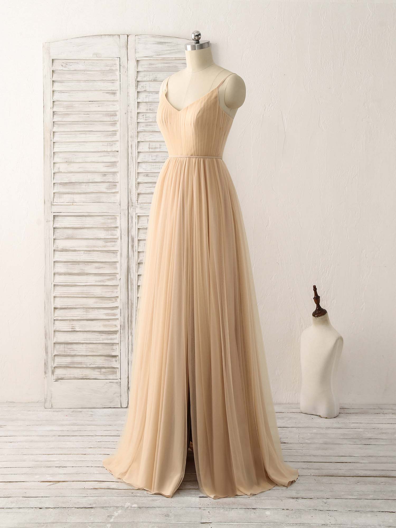 Simple V Neck Tulle Chiffon Long Prom Dress Champagne Bridesmaid Dress - Deanwangkt