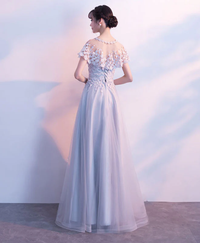 Unique Gray Tulle Long Prom Dress, Lace Evening Dress - Deanwangkt