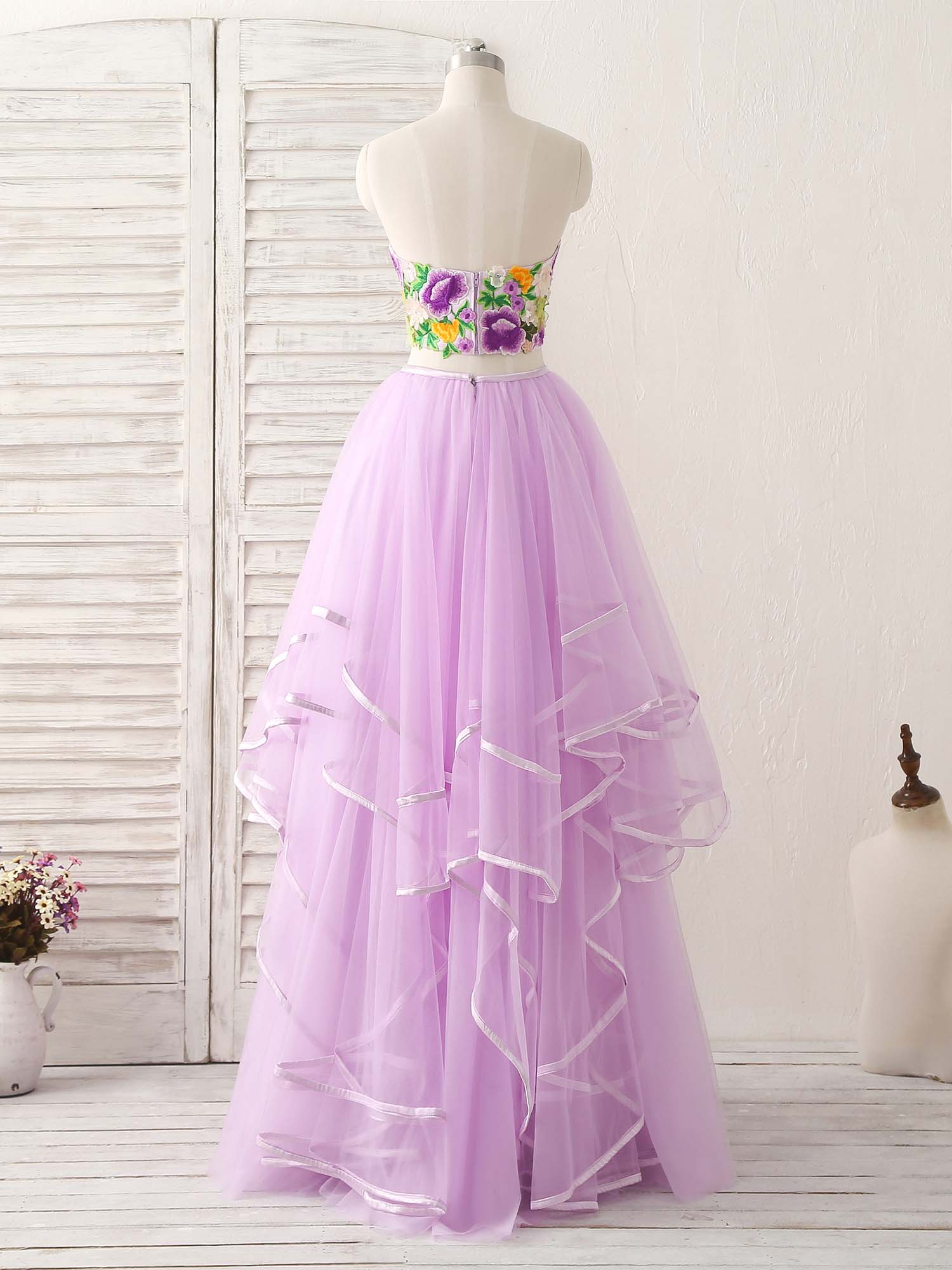 Purple Two Pieces Applique Tulle Long Prom Dress Purple Evening Dress - Deanwangkt