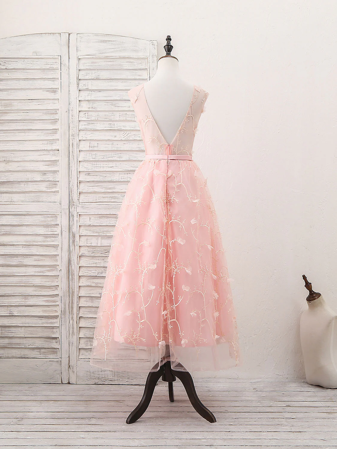 Pink Tulle Lace Tea Length Prom Dress, Pink Homecoming Dress - Deanwangkt